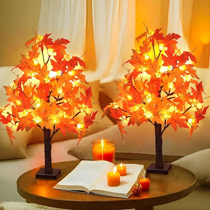 2 Pack 24 Inch Artificial Lighted Maple Tree with 48 LEDs Timer Fall Thanksgiving Decorations Battery Operated Prelit Maple Tree Table Lights for Thanksgiving Decor Home Indoor Autumn Harvest