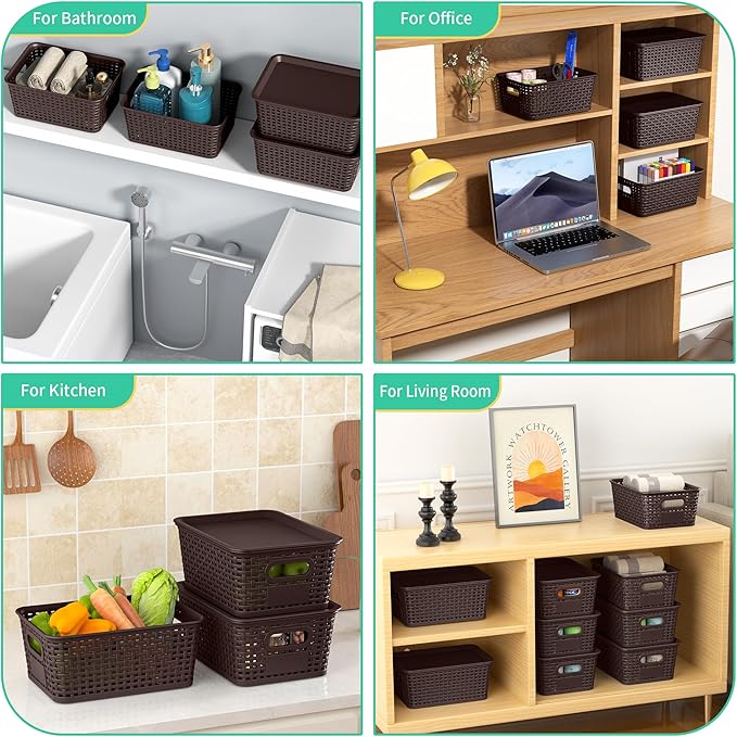 8-Pack Brown Plastic Storage Baskets with Lids, Label Organizers, Stackable Organizer Containers: For Organizing Shelves, Drawers, Desk Closets, Playrooms, Classrooms, Offices