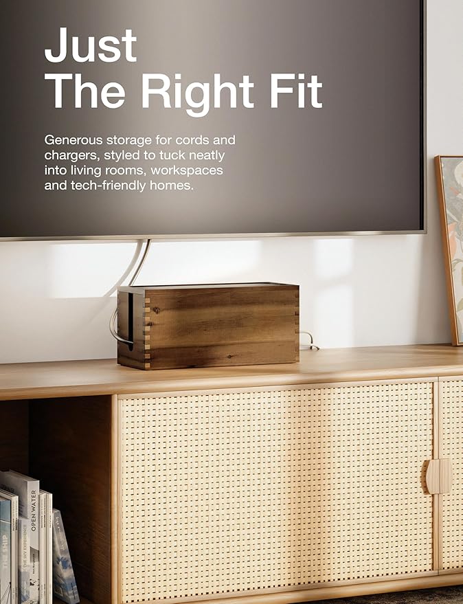 Acacia Large Cable Management Box - 15" L Cord Box Hider, Power Strip Box for Office - Cable Hider Box, Surge Protector Box - Wire Box Hider for Desk - 3 Open Slots, Magnetic Lid (Walnut color)