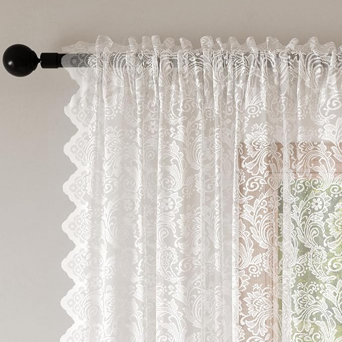 White Lace Sheer Curtains – Vintage Floral Lace for Living Room/Bedroom, Light Filtering Rod Pocket Window Drapes Privacy Chic Window Treatments Scalloped Edge, 52W x 108L Inch, 2-Panel Set