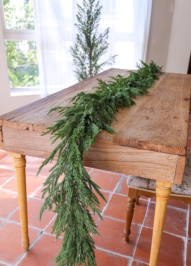 15ft Handmade Christmas Garland,Artificial Cypress Cedar Pine Needles Greenery Seasonal Garland for Christmas TV Cabinet Winter Holiday Indoor Outdoor Decoration
