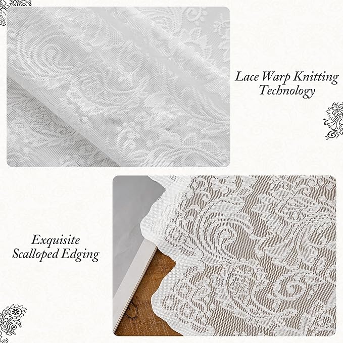 63-Inch Pure White Lace Sheer Curtains – Vintage Floral Lace for Living Room/Bedroom, Light Filtering Rod Pocket Drapes, Privacy Chic Window Treatments Scalloped Edge, 52W x 63L Inch, 2 Panels