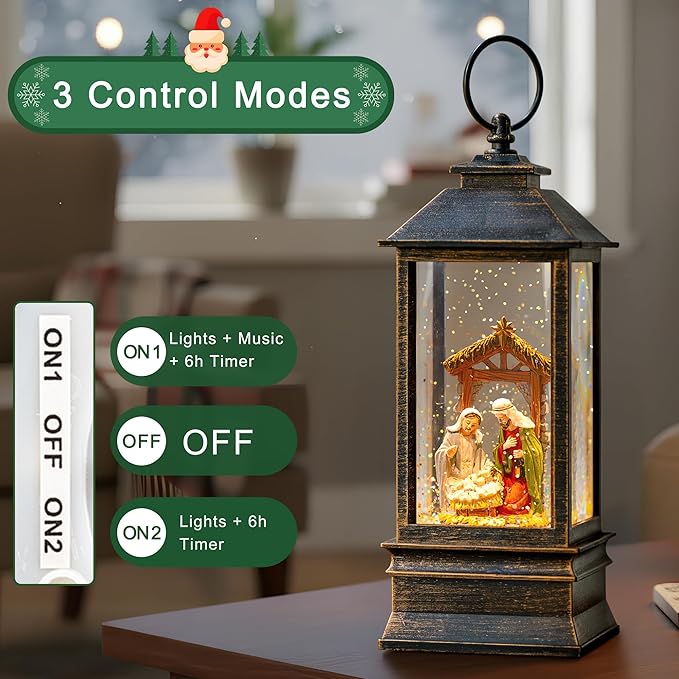 10.4" Christmas Snow Globe Water Lantern with Nativity Scene Battery Operated or USB Powered Musical Lighted Holiday Decoration for Tabletop Display for Family and Friends