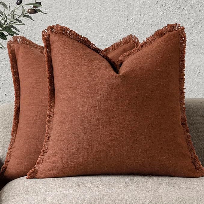 Foindtower Set of 2 Decorative Linen Fringe Throw Pillow Covers Farmhouse Cushion Cover with Tassels Soft Accent Pillowcase for Couch Chair Sofa Bed Living Room Home Decor,20×20 Inch,Fall Rust Orange