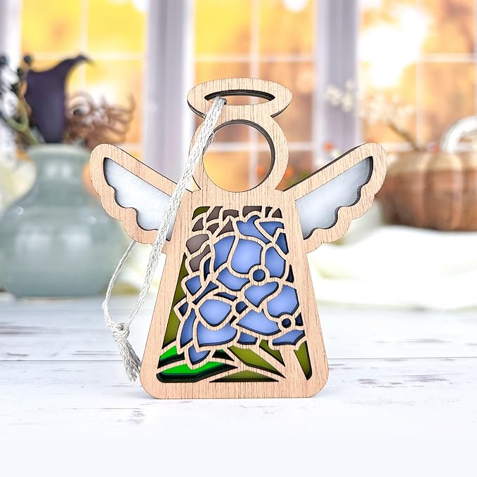 Blue Hydrangea Home Decor - 3.5" (H) Small Wooden Angel Figurines - 3.5" Christmas Ornaments Memorial Mom