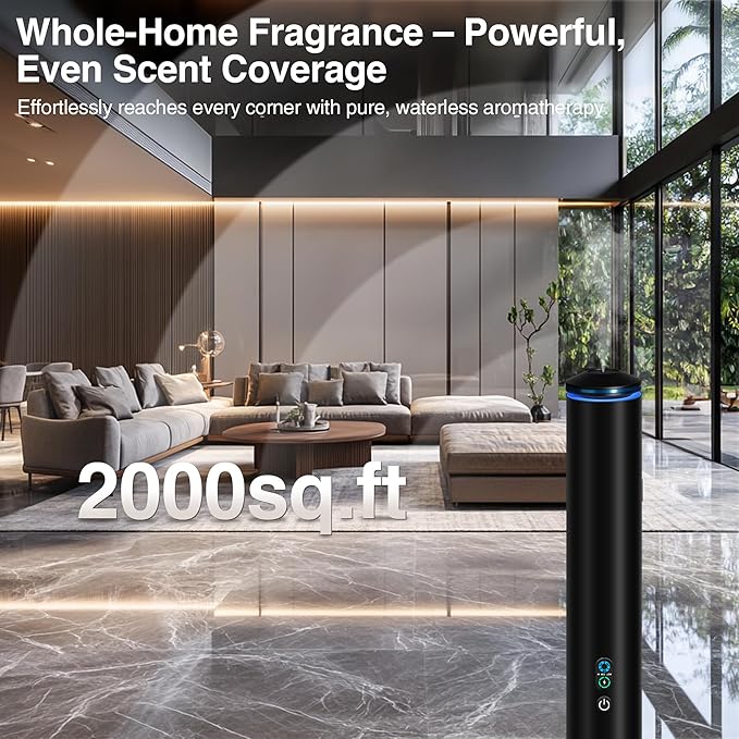 Waterless Scent Diffuser Starter Kit - 2000 Sq Ft Coverage, Luxury Hotel Scent Diffuser, Diffusers for Essential Oils Large Room, Included 5 Scent Oils, Remote Control, Black, 40In