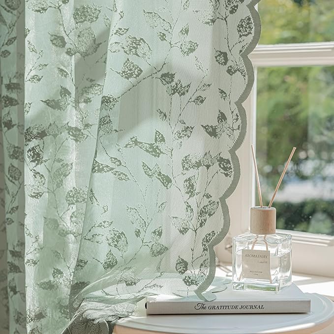 Sage Green Lace Sheer Curtains 63 Inch Length – Vintage Leaf Pattern for Living Room/Bedroom, Light Filtering Rod Pocket Drapes, Privacy Chic Window Treatments, 52W x 63L Inch, 2 Panels