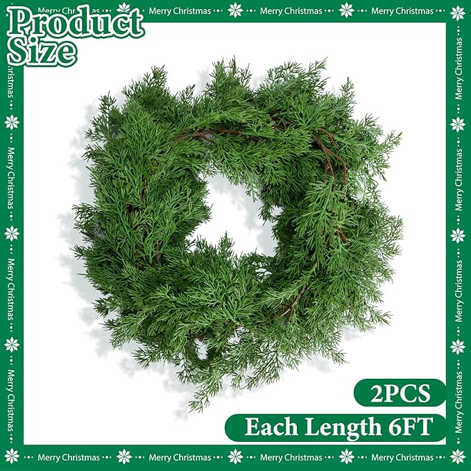 2 Pcs Christmas Norfolk Pine Garland, 6 Ft Dense Pines Realistic Touch Garland Ornaments, Greenery Artificial Pine Cypress Garlands for Christmas Holiday Mantle Fireplace Table Home Decor