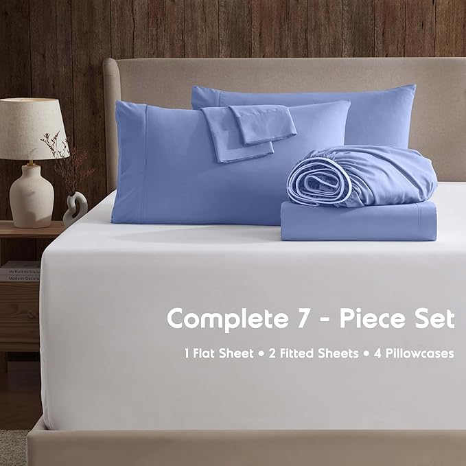 Nestl Extra Deep Split King Sheet Set - 7 Piece Breathable & Cooling Sheets - Hotel Luxury Bedding Set w/18-24 Inch Deep Pockets - Easy & Secure Fit - Super Soft, Wrinkle Free & Comfy - Calm Blue