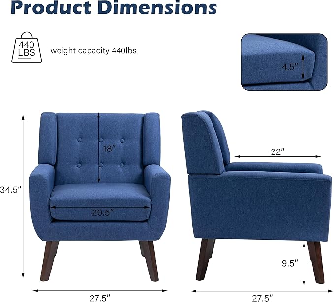 UIXE Accent Chairs Set of 2, Modern Upholstered Arm Chair Mid-Century Club Armchair Comfy Single Sofa Button Tufted Living Room Reading Seat Bedroom Side Sitting, Blue