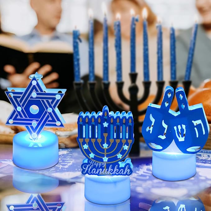6 PCS Hanukkah Tea Lights Candles Battery Operated LED Flameless Tealight Candles, Blue Star of David Menorah Dreidel Hanukkah Decorations Centerpieces for Home Kitchen Party Decor