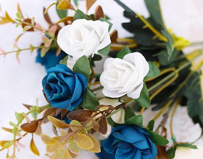 Artificial Flowers,2 Packs of Artificial Roses.24 Little Rose Silk Flowers. Plastic Flowers,Plants for Home Hotel Wedding Christmas Tables Decorations.Cemetery Flowers Dark Blue