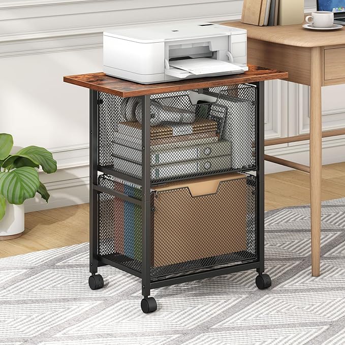 HOOBRO Rolling File Cart, 2 Drawer File Cabinet with 24'' Extended Desktop, Under Desk Mobile Small Filing Cabinet Storage Cart, Printer Stand Utility Cart, for Home Office, Rustic Brown BF41WJ01