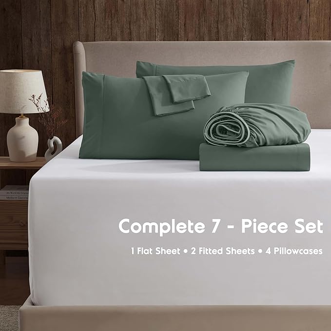Nestl Extra Deep Split King Sheet Set - 7 Piece Breathable & Cooling Sheets - Hotel Luxury Bedding Set w/18-24 Inch Deep Pockets - Easy & Secure Fit - Super Soft, Wrinkle Free & Comfy - Forest Green