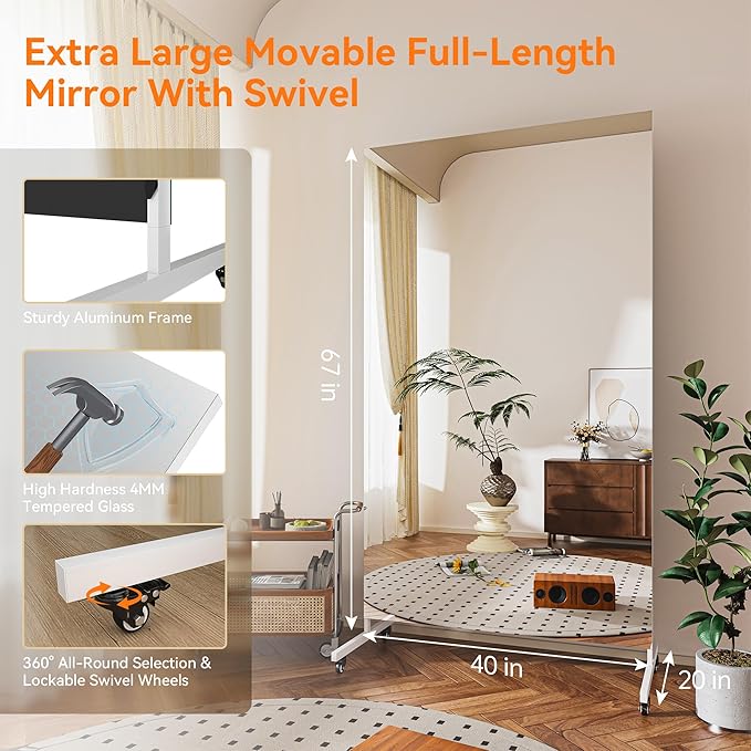 Hasipu Home Gym Mirror 360° Swivel on Wheels, 67" x 40" Extra Large Full Body Rolling Mirror, Tempered Glass Easy to Move Full Length Mirror for Yoga Studio, Bedroom, Dancing Studio, White