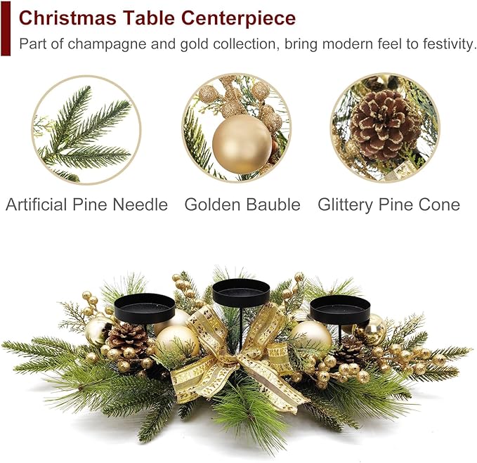 Gold Glittery Christmas Candle Centerpiece with Berries and Pinecones - 27.5 Inch