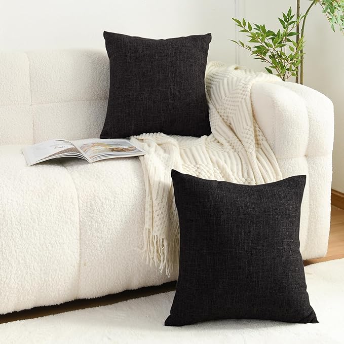 JIUZHEN 18x18 Inch Black Faux Linen Pillow Covers Set of 2, Modern Minimalist Decorative Pillowcase for Sofa Office, Luxury Textured Dark Cushion Cover