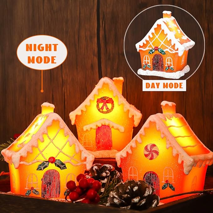 Christmas Gingerbread House Tabletop Decoration Lighted Christmas Village House Real Wax Battery Operated with Remote Flickering LED Light Christmas Village Decor for Mantel Desk Table Centerpiece