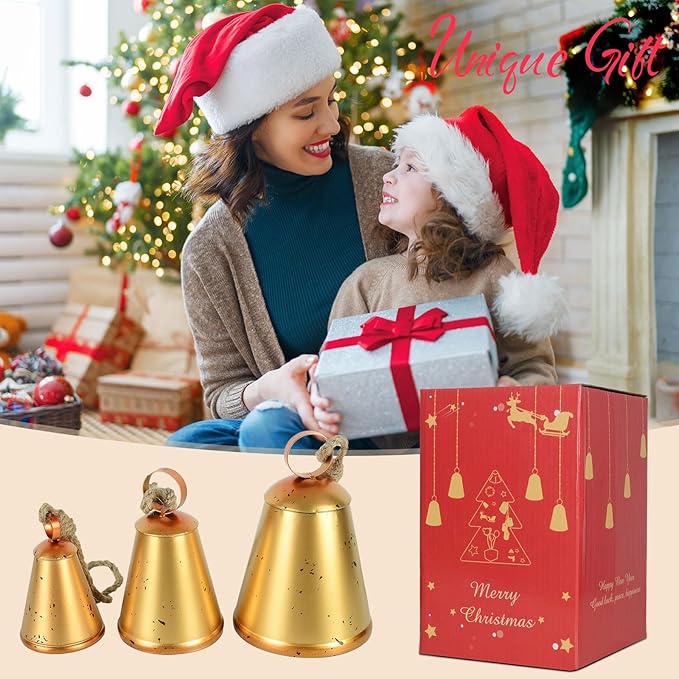 Styleonme Vintage Handmade Lucky Christmas Bells - 3-Piece Set of Harmonious Metal Indoor & Outdoor Blessing Bells Hanging on a Rope