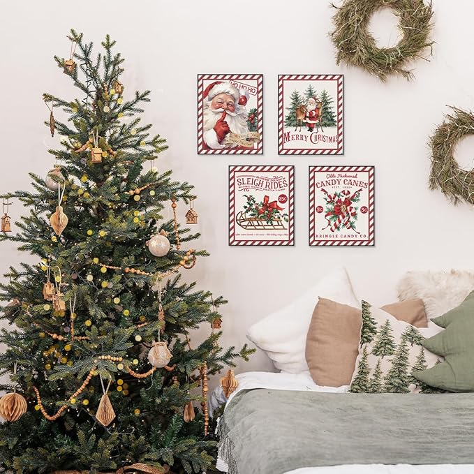 PLKMN Vintage Christmas Decor, Christmas Wall Art Prints Set of 4, Retro Christmas Santa Claus Wall Art Decor for Gallery Living Room Bathroom, 8x10 (Unframed)