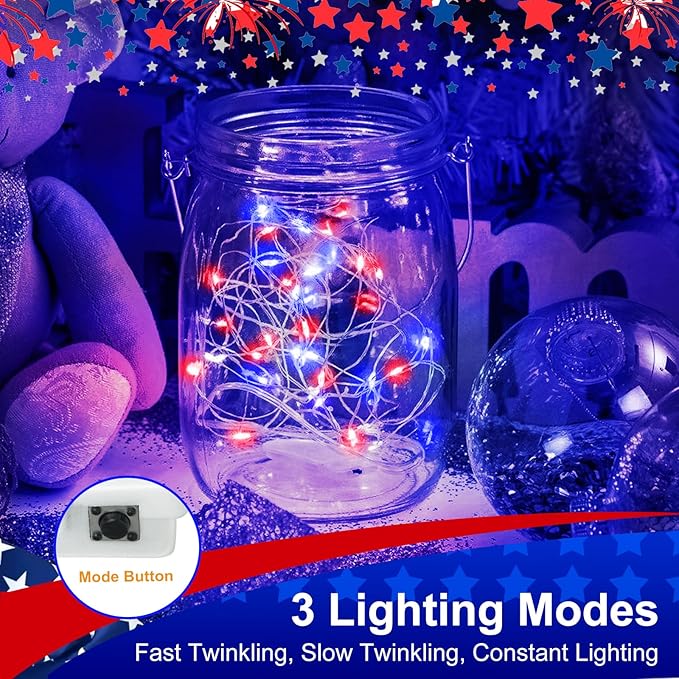 btfarm 4th of July Patriotic Fairy Lights Battery Operated, 30 Pack Red White Blue 3 Modes Twinkle String Lights, 7ft 20 Led Independence Day Mini for Mason Jars Vases Table Centerpiece Decorations
