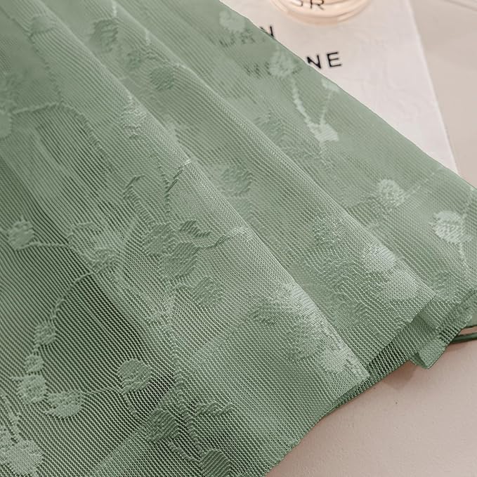 Sage Green Lace Semi-Sheer Curtains 2 Panels – Vintage Branch Pattern for Bedroom/Kitchen, Rustic Privacy Light Filtering Rod Pocket Drapes, Elegant Chic Window Treatments, 52W x 45L Inch