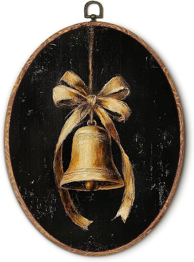 Hxlac Vintage Dark Christmas Gold Bell Oval Wall Art Framed, Moody Christmas Bell Oval Wall Decor, Cottagecore Xmas Hanging Canvas Prints Wall Sculptures for Home Living Room Decor, 8.5x11.5 Inch