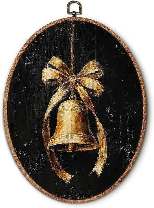 Hxlac Vintage Dark Christmas Gold Bell Oval Wall Art Framed, Moody Christmas Bell Oval Wall Decor, Cottagecore Xmas Hanging Canvas Prints Wall Sculptures for Home Living Room Decor, 8.5x11.5 Inch