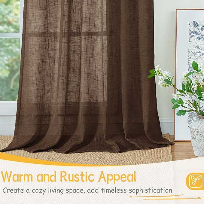 YoungsTex Short Linen Curtains 36 Inch Length for Kitchen Window Over Sink - Brown Light Filtering Drapes Semi Sheer with Rod Pocket Back Tab for Cafe Bathroom Window, 2 Panels, 34 X 36 Inch