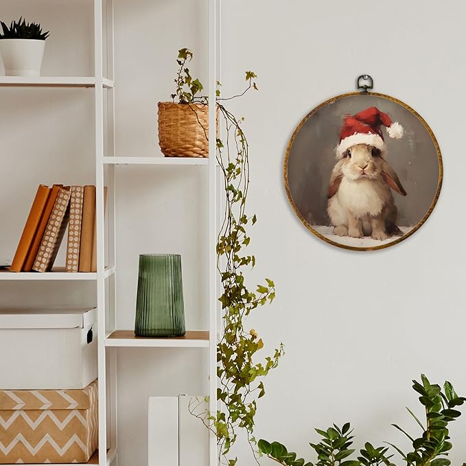 XPH Vintage Christmas Bunny Round Wall Art Framed, Rustic Christmas Rabbit Circle Wall Decor, Cottage Cozy Winter Xmas Bunny Hanging Canvas Prints for Home Bedroom Living Room Decoration, 10x10 Inch
