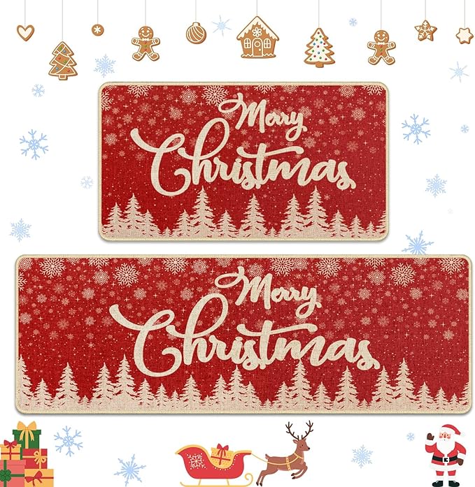 Christmas Snowflake Tree Kitchen Rugs and Mats Non Skid Washable Set of 2, Xmas Kitchen Mats for Floor Decor