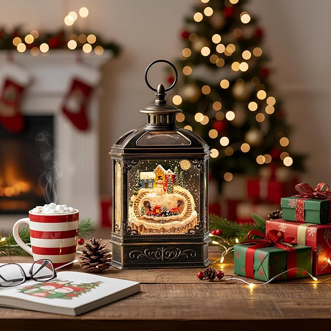 Christmas Village Snow Globe Lantern Musical Lighted Mountain Village Snowman & Train Water Lantern in Swirling Glitter, Christmas Home Decoration and Gift, Battery Operated or USB Powered