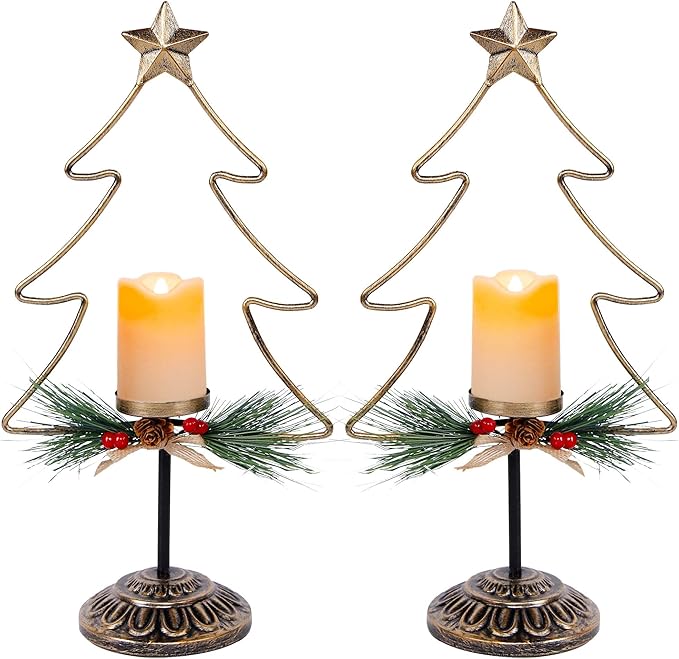 Lulu Home Lighted Christmas Table Decorations, 2 Pack 15.7 Inch Christmas Tree with Battery Operated Candle Lights, Light Up Christmas Tabletop Decorations, Xmas Holiday Winter Tabletop Desk Ornament