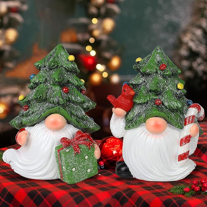 MorTime Set of 2 Christmas Gnomes Table Decorations, Resin Gnome with Gift Box Xmas Tree Snowflake Centerpieces for Desk Shelf Fireplace Winter Holiday Christmas Decor