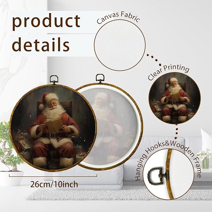XPH Vintage Christmas Santa Round Wall Art Framed, Rustic Christmas Santa Reading Book Circle Wall Decor, Retro Winter Xmas Hanging Canvas Prints for Home Bedroom Living Room Decoration, 10x10 Inch
