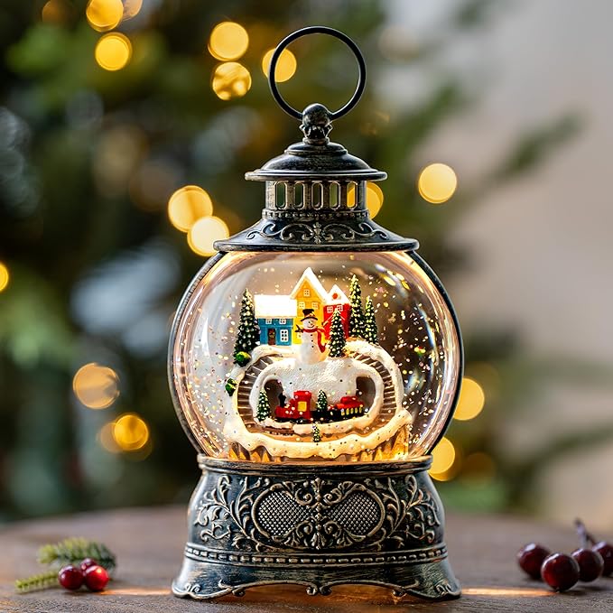 9.8" Christmas Snow Globe Water Lantern with Snowman and Train Scene Battery Operated or USB Powered Musical Lighted Holiday Decoration for Tabletop Display for Family and Friends