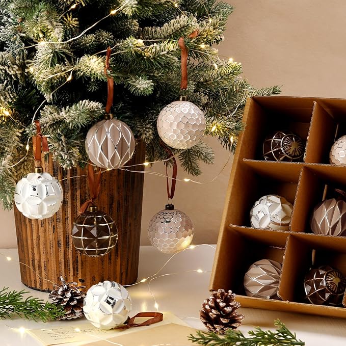 Syhood 12 Pcs Neutral Textured Christmas Ball Ornaments 2.4 Inch Vintage Xmas Tree Decorations Rustic Distressed Xmas Baubles Antique Farmhouse Modern Christmas Decor for Tree Home (Earth Tones)