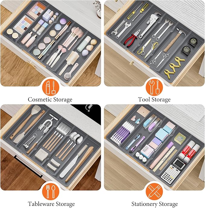 Silverware Organizer, Expandable Utensil Drawer Organizer for Kitchen Drawers, Kitchen Drawer Organizer for Spoons/Forks/Knives, Multipurpose & BPA Free Cutlery Tray, Grey, 1 Pack
