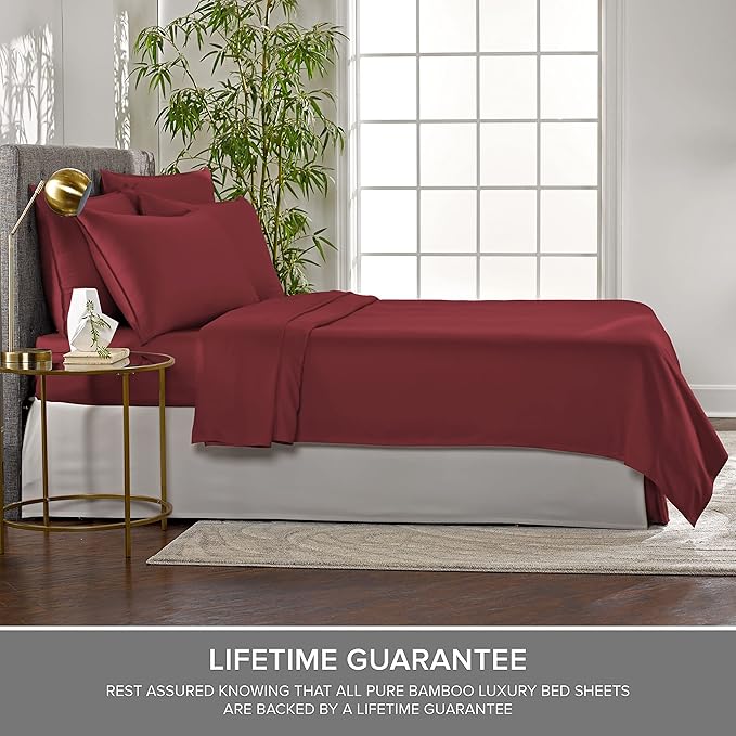 Split King Sheets by Pure Bamboo, Genuine 100% Organic Viscose Derived from Bamboo Bed Sheet Set, Soft & Cooling, Double Stitching *Not for Split Top (Split King, Merlot)