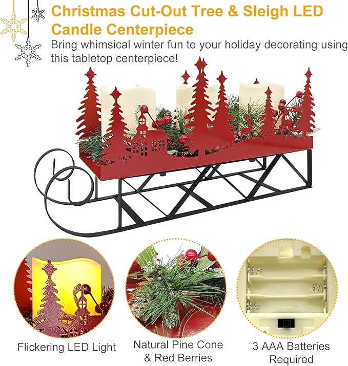 Christmas Sleigh Table Centerpieces Decorations, Xmas Red Cut-Out Tree Sleigh LED Candle Candelabrum with Timer Holiday Candle Holder for Home Party Table Mantel Decoration