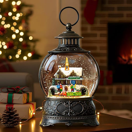 9.8" Christmas Snow Globe Water Lantern with Train Station Scene Battery Operated or USB Powered Musical Lighted Holiday Decoration for Tabletop Display for Family and Friends