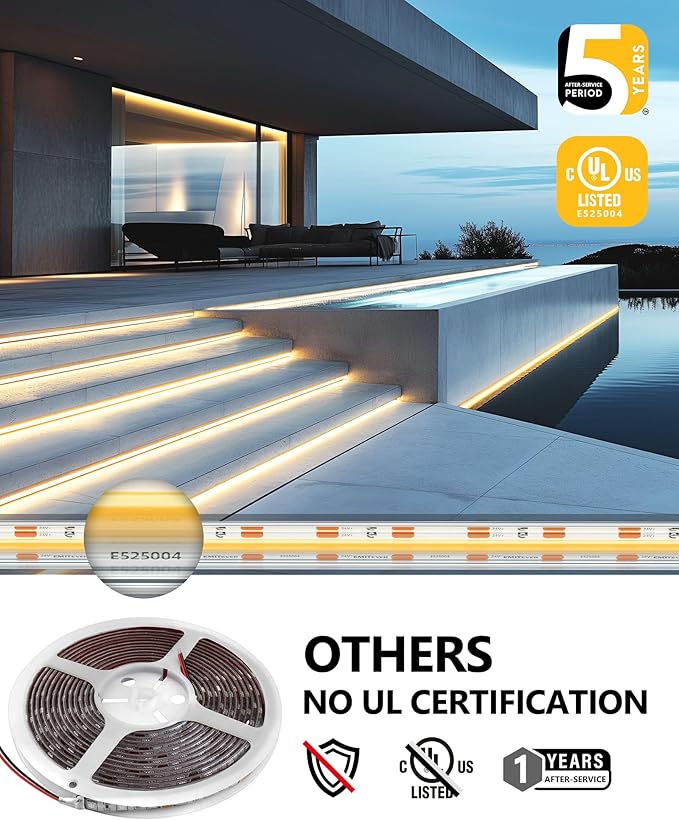 EMITEVER COB LED Strip Lights Waterproof IP67, 3000K Warm White Outdoor 24V Dimmable Silicone LED Tape Lighting 16.4ft High Density, 300+LM/ft, 2400LEDs,3W/ft, UL Listed (Power Supply Not Included)