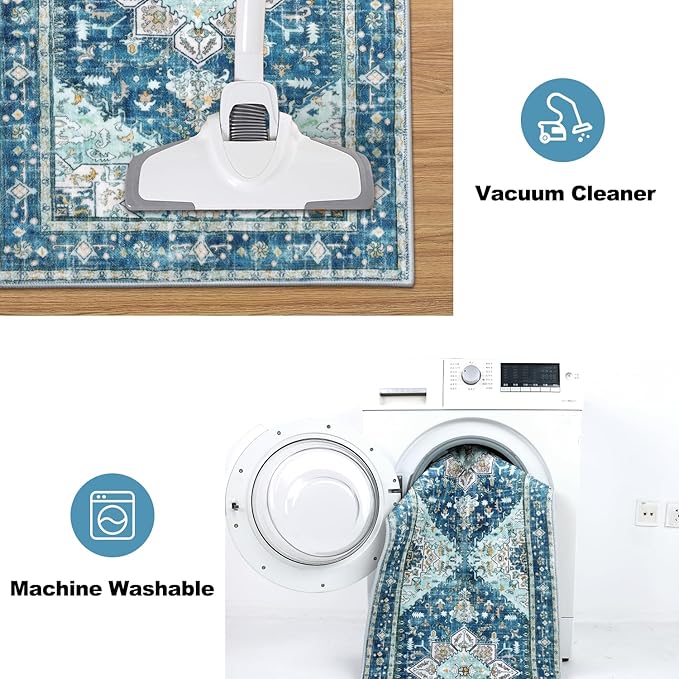 Yamaziot Boho Washable Kitchen Rugs Sets of 3, Non Slip Kitchen Mats for Floor with Rubber Backing, Waterproof & Stain Resistant Thick Carpet Runner Throw Rugs for Kitchen, Laundry Room, Hallway, Blue