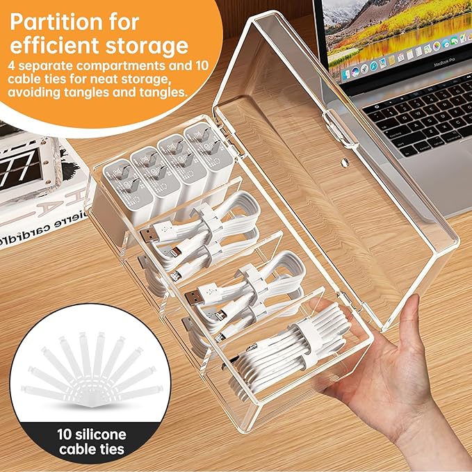 2 Pack Cable Organizer Box with Lid, Clear charging cord organizer box with 4 Compartments & 20 Wire Ties, Charger Cord Storage for Desk Drawer, Home Office Organization Accessories