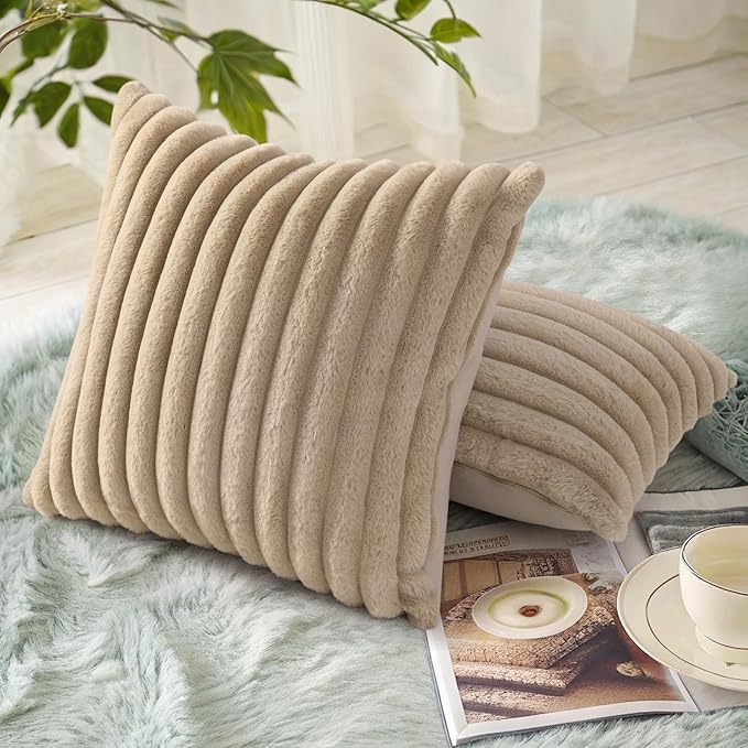 decorUhome Fall Faux Fur Throw Pillow Covers 20x20 Set of 2, Decorative Soft Plush Striped Neutral Couch Euro Pillow Covers with Velvet Back for Sofa, Bed, Living Room Home Decor, Light Khaki Brown
