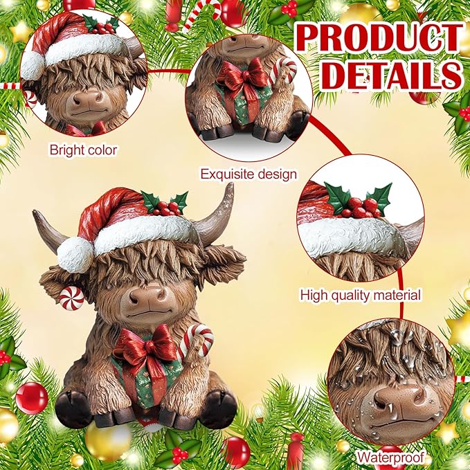 Karenhi 2 Pcs Highland Cow Figurines Christmas Poinsettia Candy Cane Tree Highland Cow Gnomes Scottish Resin Statue Calf Lovers Gifts for Xmas Home Garden Kitchen Office Tiered Tray Table Decor