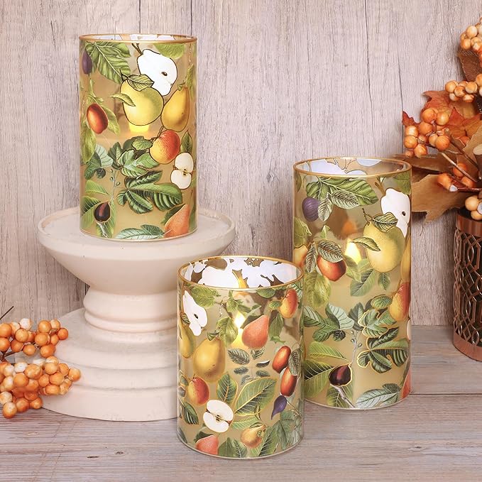 Autumn Flameless Candles with Remote Timer Apple Pear Glass Flickering Battery Operated LED Candles for Home Room Party Wedding Holiday Fall Decor - Set of 3