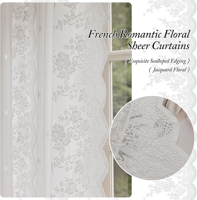 White Lace Sheer Curtains – Vintage Floral Lace for Living Room/Bedroom, Airy Light Filtering Rod Pocket Drapes, Privacy Elegant Chic Victorian Pattern Design, 52W x 63L Inch, 2 Panels