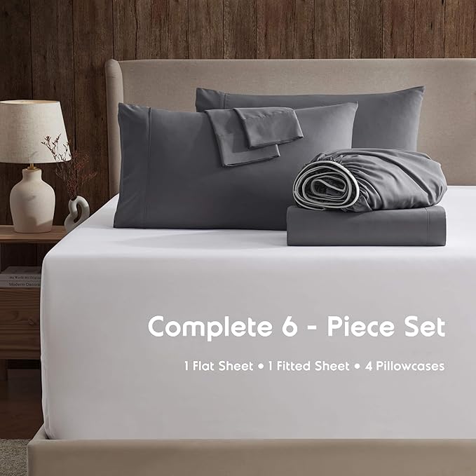 Nestl Extra Deep Full Sheet Set - 6 Piece Breathable & Cooling Sheets - Hotel Luxury Bedding Set w/18-24 Inch Deep Pockets - Easy & Secure Fit - Super Soft, Wrinkle Free & Comfy - Dark Gray