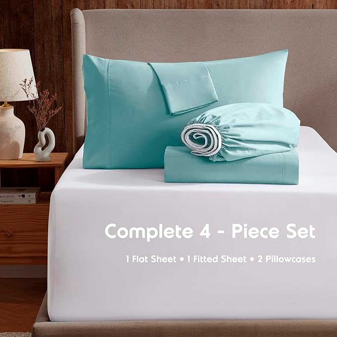 Nestl Extra Deep Twin Sheet Set - 4 Piece Breathable & Cooling Sheets - Hotel Luxury Bedding Set w/18-24 Inch Deep Pockets - Easy & Secure Fit - Super Soft, Wrinkle Free & Comfy - Light Blue